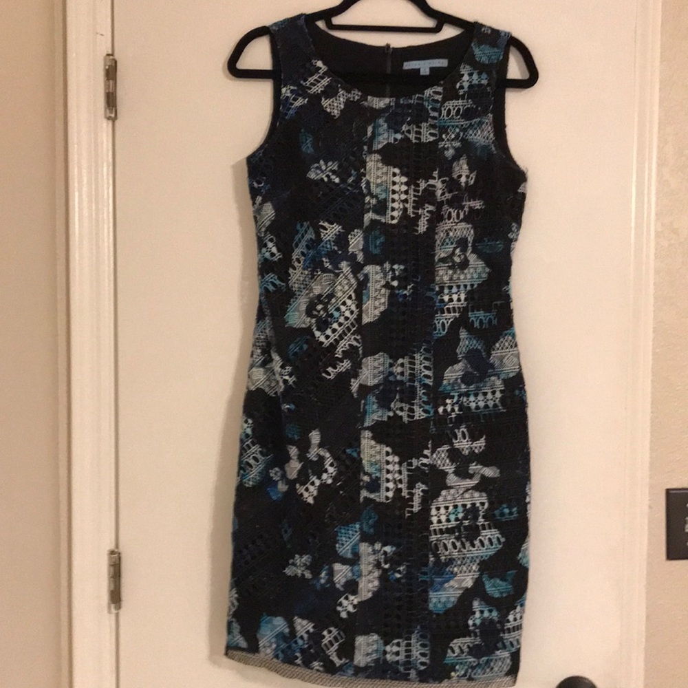 Antonio Melani size 4 sheath dress. Black, white and blues.